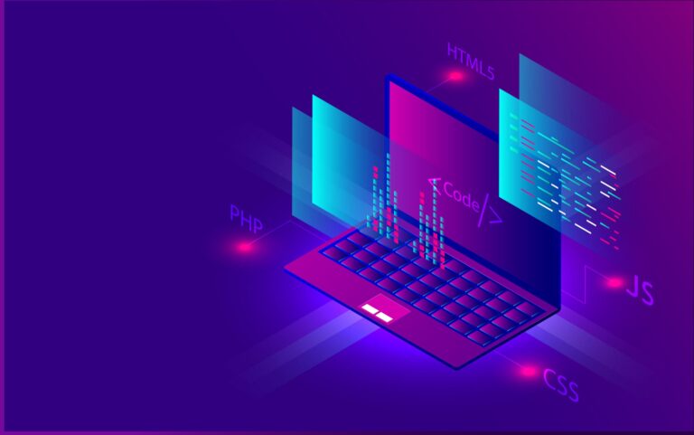 3D illustration of laptop with different programming language sign for Coding and Programming concept.