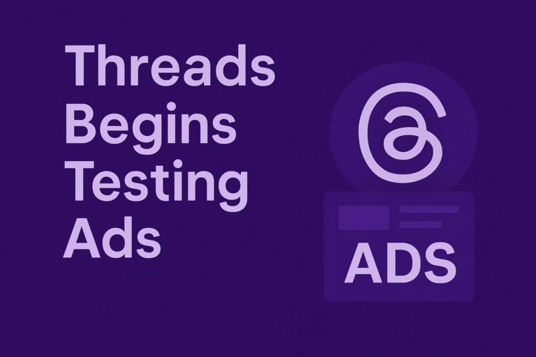 Screenshot-style graphic of the Threads app showing sponsored posts in the feed, representing Meta’s testing of ads on Threads.
