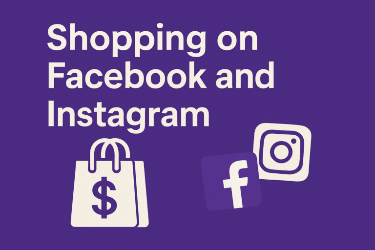 Illustration showing users browsing and purchasing products through Facebook and Instagram shopping features on mobile devices.