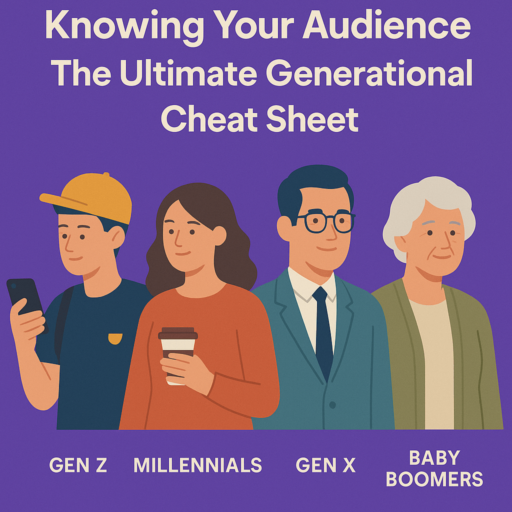 Infographic illustrating generational marketing insights and audience characteristics for Baby Boomers, Gen X, Millennials, and Gen Z.