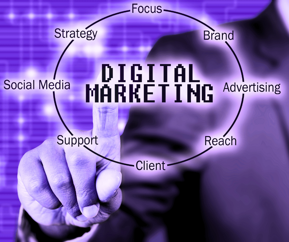 Marketing team attending a digital strategy workshop with a trainer presenting data on a screen.
