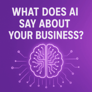 Digital illustration representing AI analysing a business, with icons for data, insights, technology and performance.