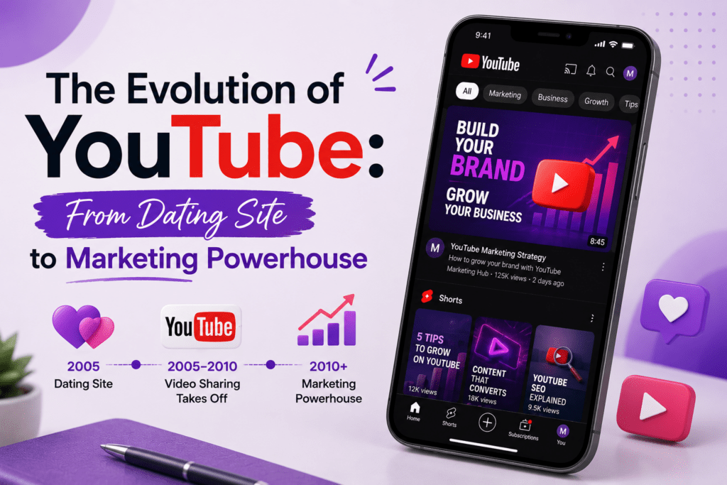 A visual timeline showing YouTube’s evolution from its early days as a simple video-sharing platform to a global marketing and content powerhouse