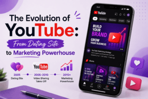 A visual timeline showing YouTube’s evolution from its early days as a simple video-sharing platform to a global marketing and content powerhouse
