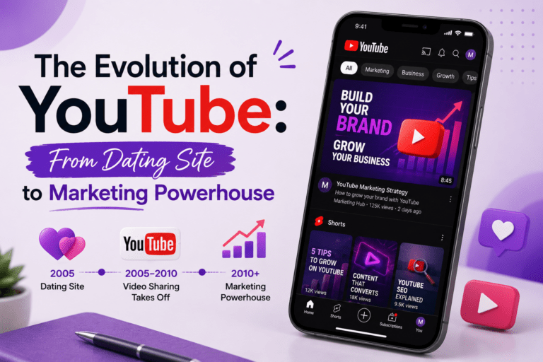 A visual timeline showing YouTube’s evolution from its early days as a simple video-sharing platform to a global marketing and content powerhouse