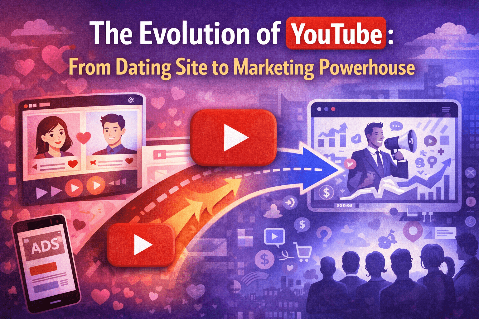 A visual timeline showing YouTube’s evolution from its early days as a simple video-sharing platform to a global marketing and content powerhouse