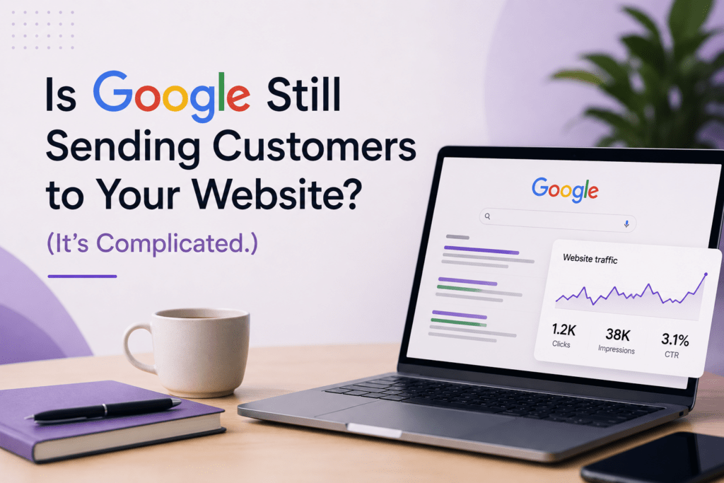 A split-scene illustration showing Google search results with fewer website clicks, highlighting the shift toward zero-click searches and AI-driven answers
