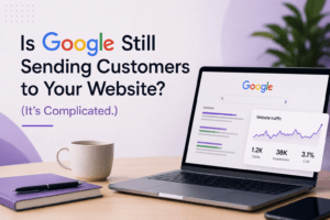 A split-scene illustration showing Google search results with fewer website clicks, highlighting the shift toward zero-click searches and AI-driven answers
