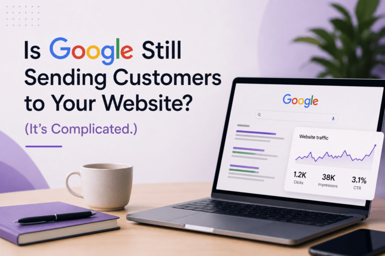 A split-scene illustration showing Google search results with fewer website clicks, highlighting the shift toward zero-click searches and AI-driven answers