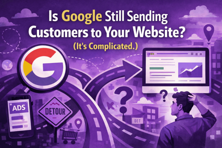 A split-scene illustration showing Google search results with fewer website clicks, highlighting the shift toward zero-click searches and AI-driven answers