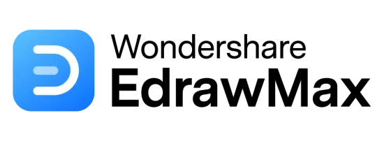 Wondershare EdrawMax logo featuring a blue rounded-square icon with a white stylized symbol beside the Wondershare EdrawMax brand name in black text.